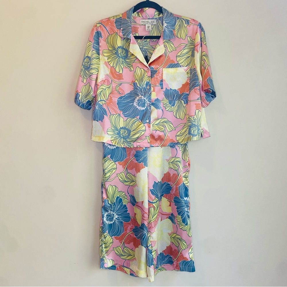 Silky Pajama Two-piece Rachel Zoe Set Pink and Yellow Floral Design Women’s Med